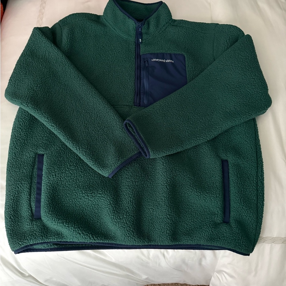 Vineyard Vines Sherpa Green and Navy Quarter Zip